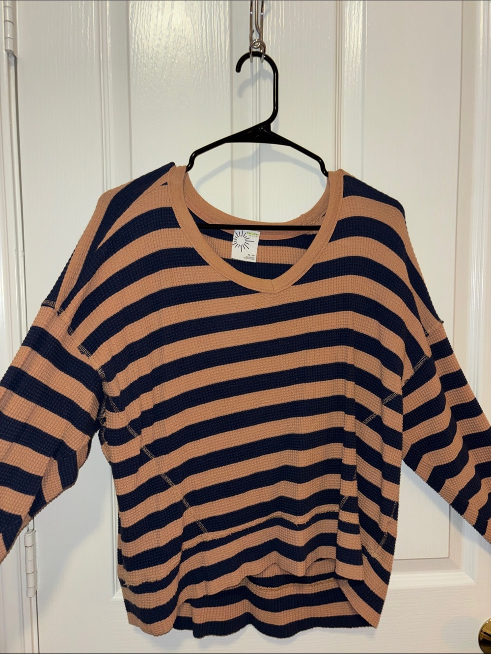 aerie Navy and Camel Striped Boatneck Sweater